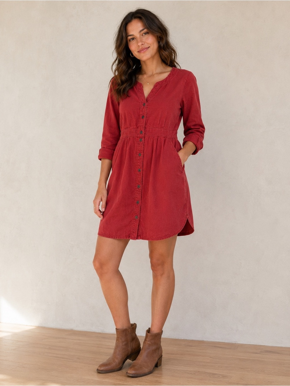 Maeve Button-Front Rust Red Mini Dress